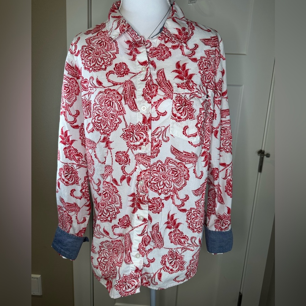 Tommy Hilfiger Red and White Womens Floral Shirt 100% Cotton Button Down‎ Medium
